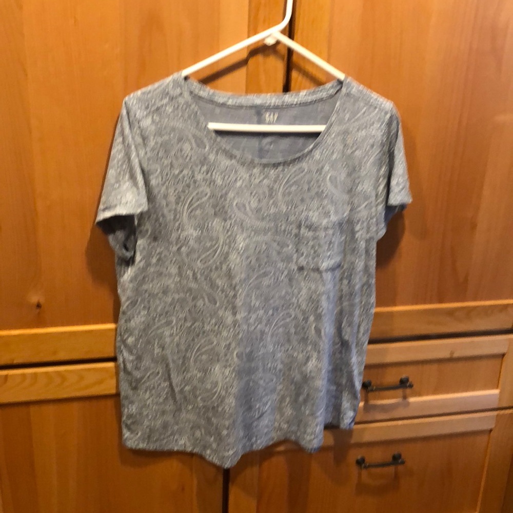 Gap women’s t shirt, size L.  Blue with white paisley design.